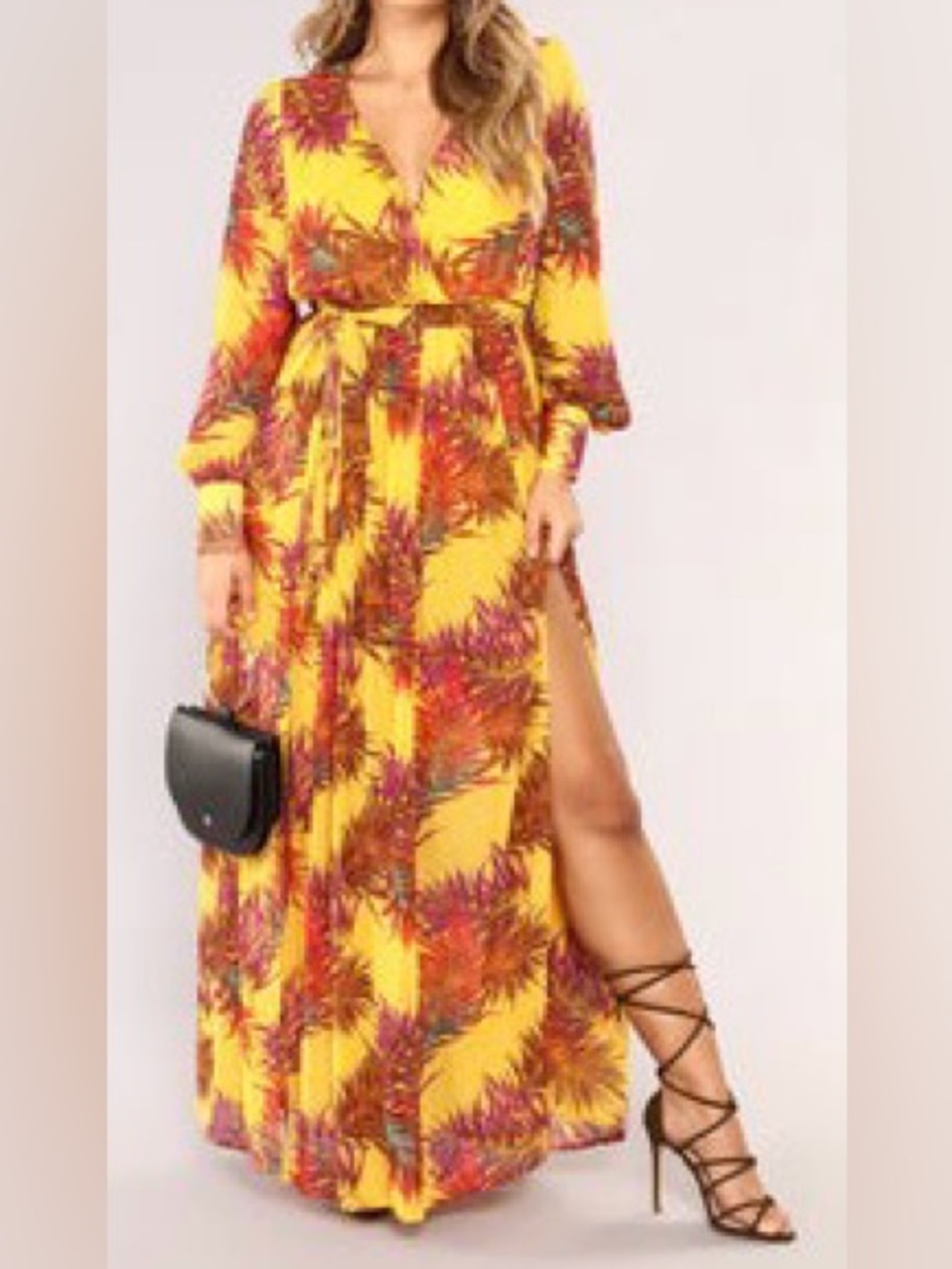 Fashion Nova Yellow Tropical Print Maxi Dress with Belted Waist